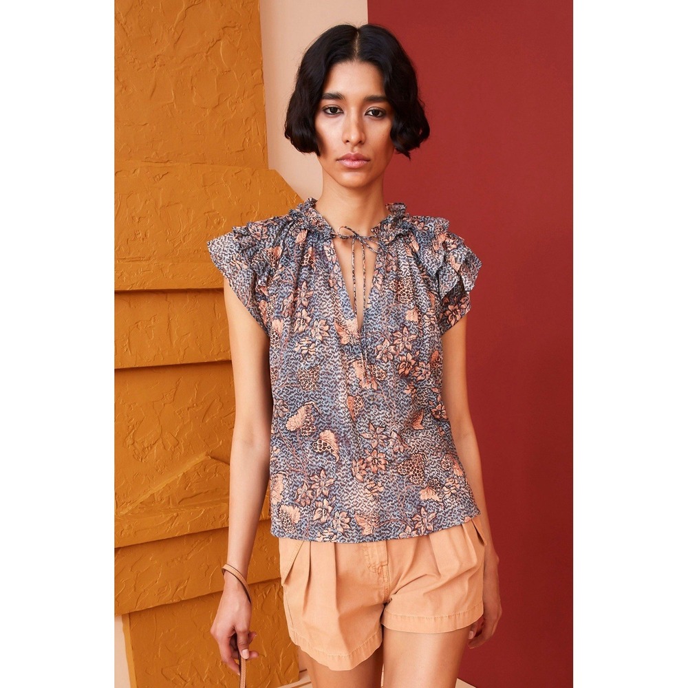 Ulla Johnson Alva Mix Print Ruffle Sleeve Cotton Blend Blouse Floral Size 2